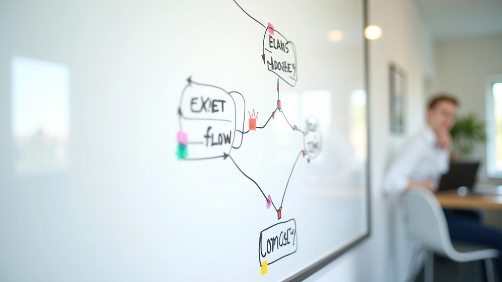 Håndtegnet flowchart og diagrammer der viser pengestrøm og processer