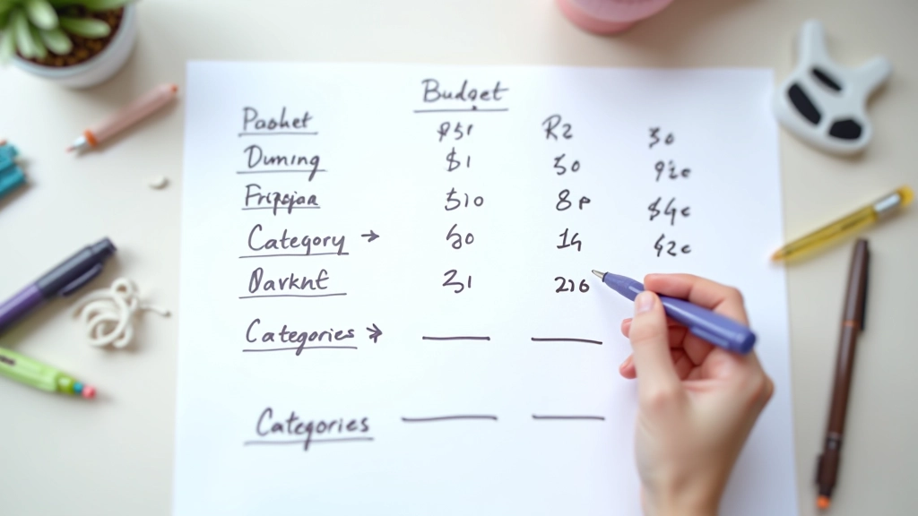 Håndskrevet budget med kategorier, tal og pile der viser pengestrøm mellem kategorier