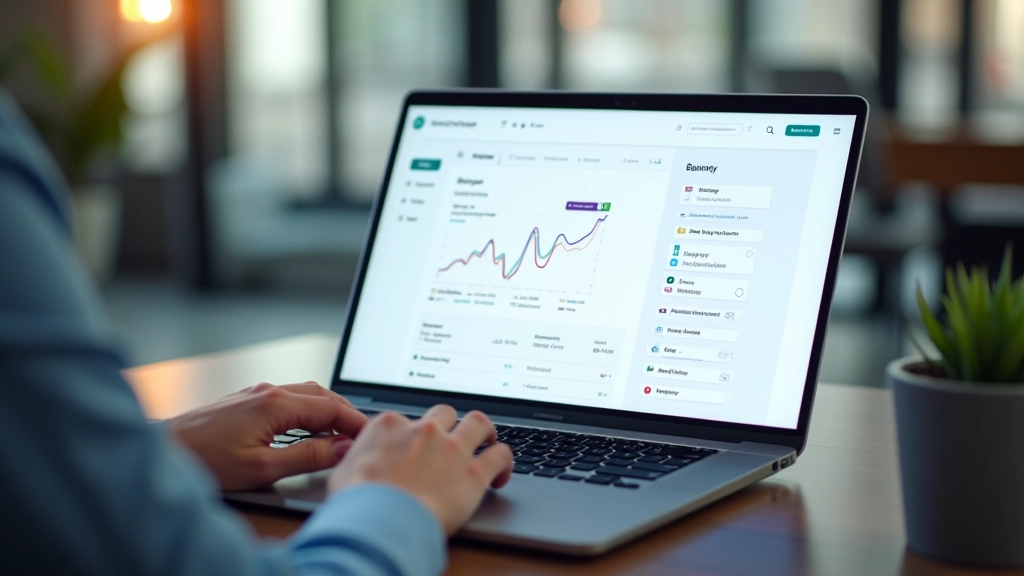 Computer med bankingapp åben, skærm viser automatiserings-dashboard