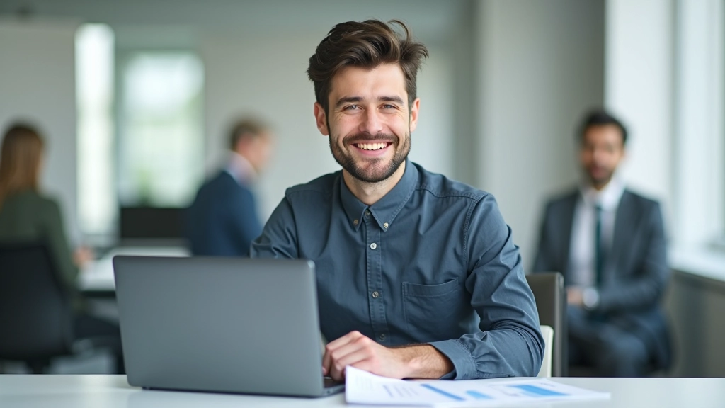 Lysmand eller kvinde smilende ved skrivebord med positive økonomiske resultater og succesvisualitet