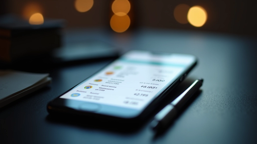 Smartphone viser bankapp med transaktioner, ligger på mørkebordplade