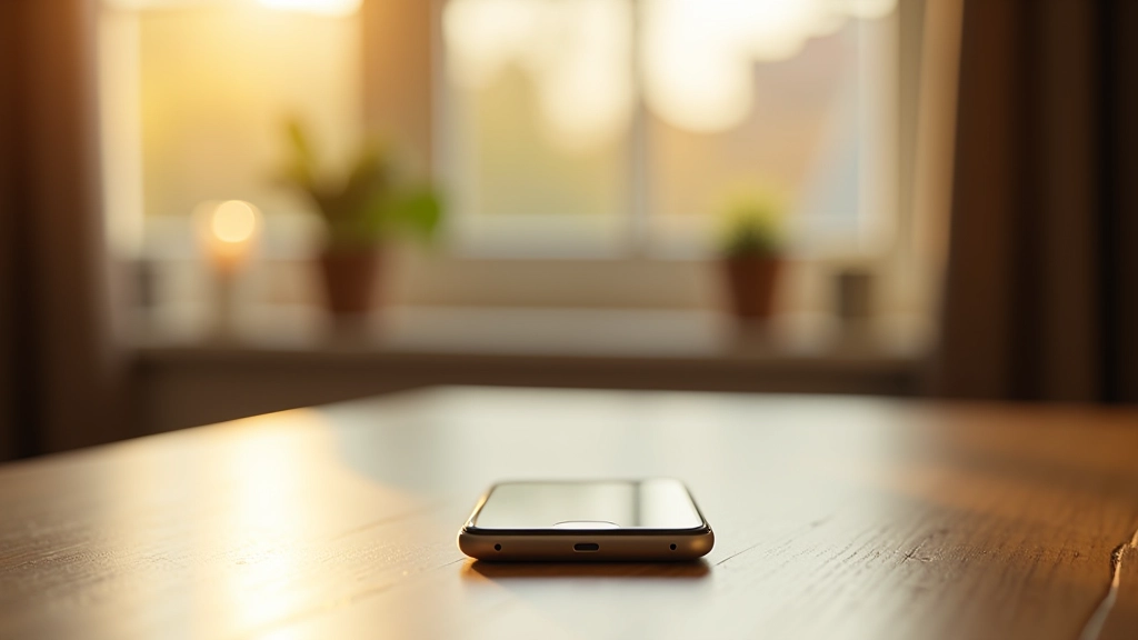 Smartphone på træ bord viser mobil bank app med transaktioner og opsparingskonto, digitalt pengemanagement