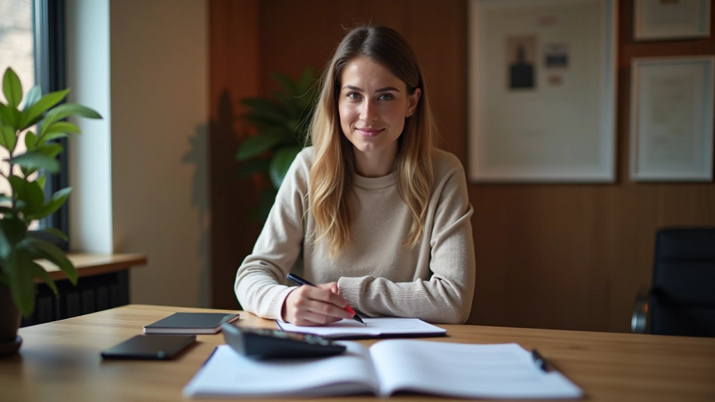 Person ved skrivebord med notesbog, lommeregner og budget-oversigt, arbejdende med økonomi og udgiftplanlægning